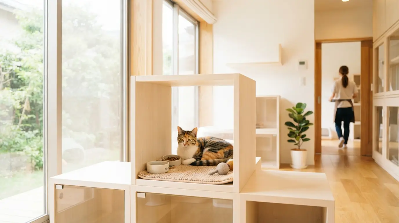 明るく清潔なペットホテルの個室。棚の上に猫がいて、奥の戸口にスタッフが立っている。