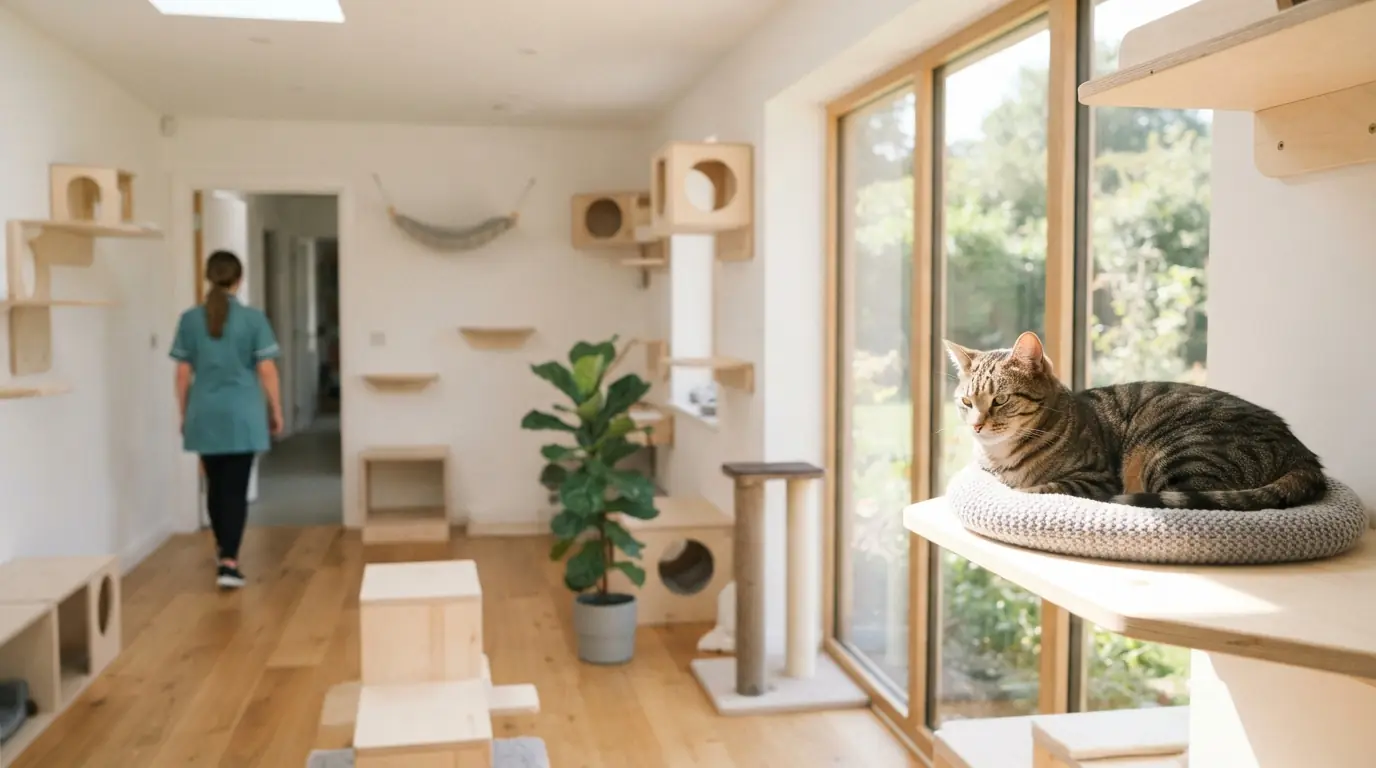 A cat on a shelf in a bright, clean boarding room; a member of staff stands at the doorway further back.
