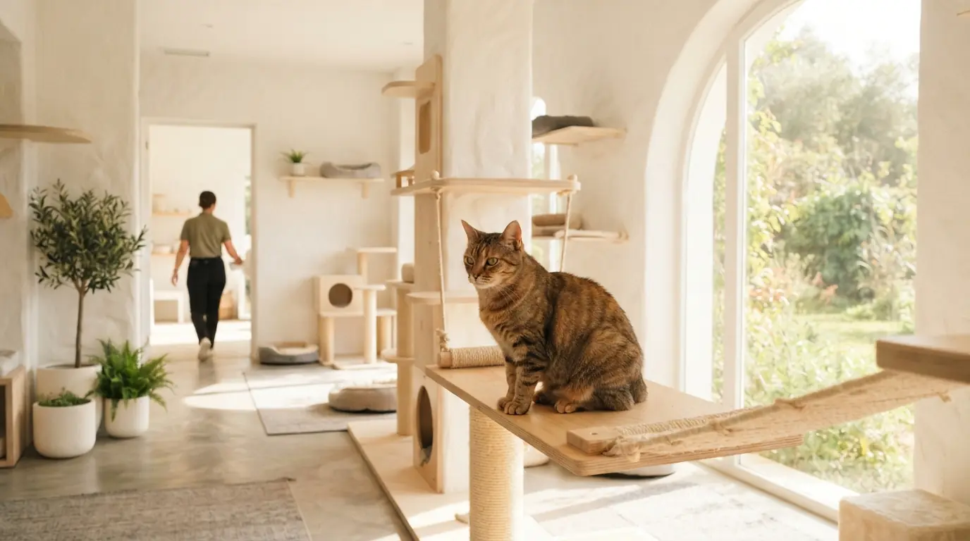 Un gatto su una mensola in un box luminoso e pulito di una pensione per gatti; sullo sfondo una persona sulla soglia.