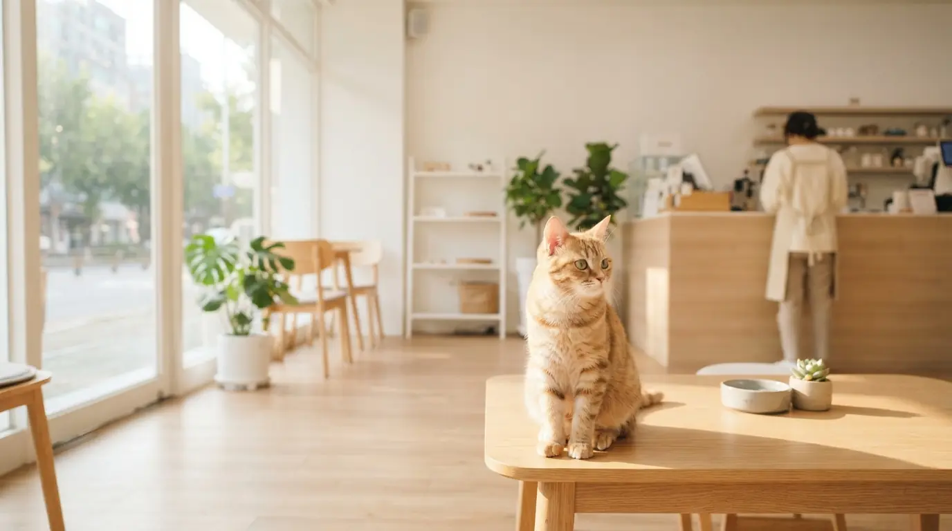 開店前の明るくモダンな猫カフェ。手前のテーブルに猫が座り、奥のカウンターで人が働いている。