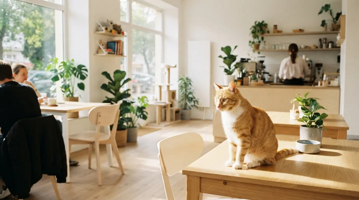A cat sitting on a table in a bright modern cat caf&eacute; before opening; one person works behind the counter.