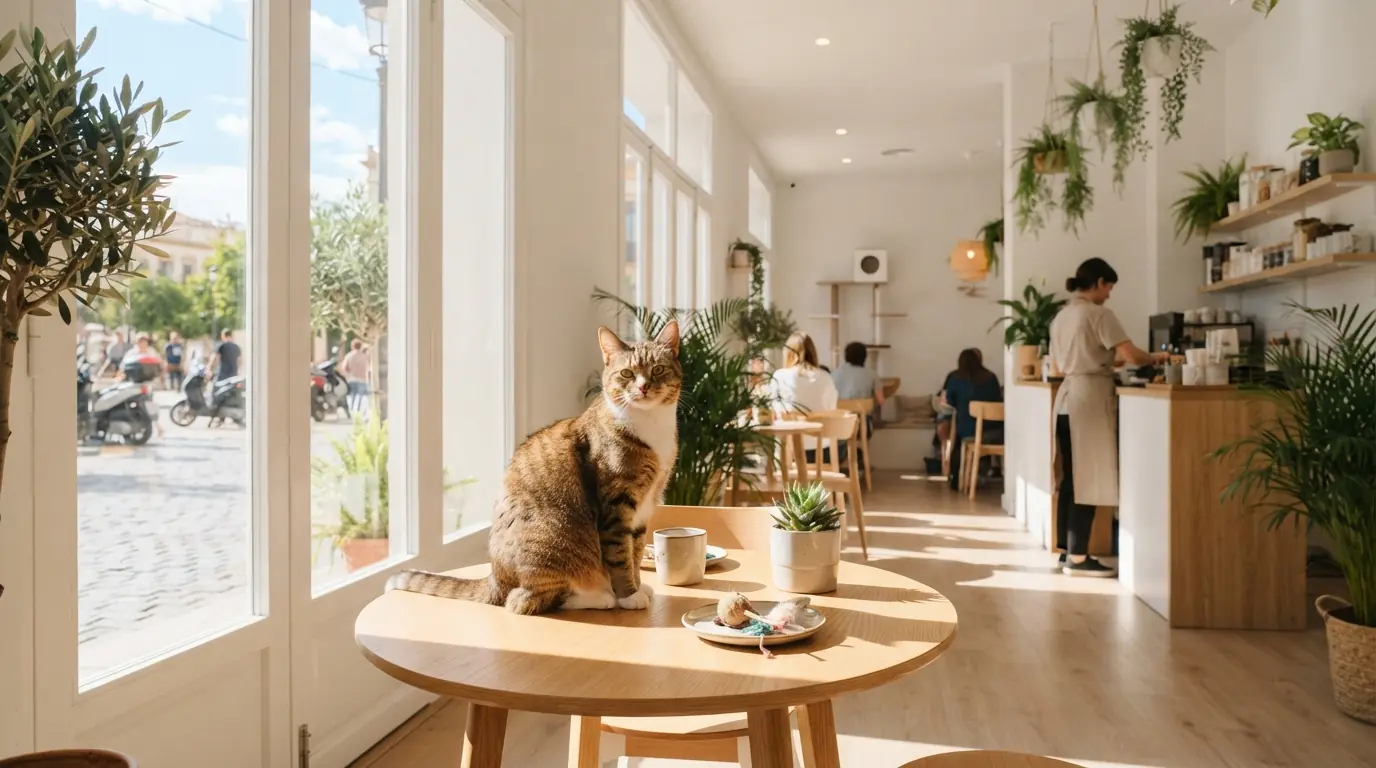Un gatto seduto su un tavolo in un caff&egrave; dei gatti luminoso e moderno prima dell&rsquo;apertura; una persona lavora dietro il bancone.