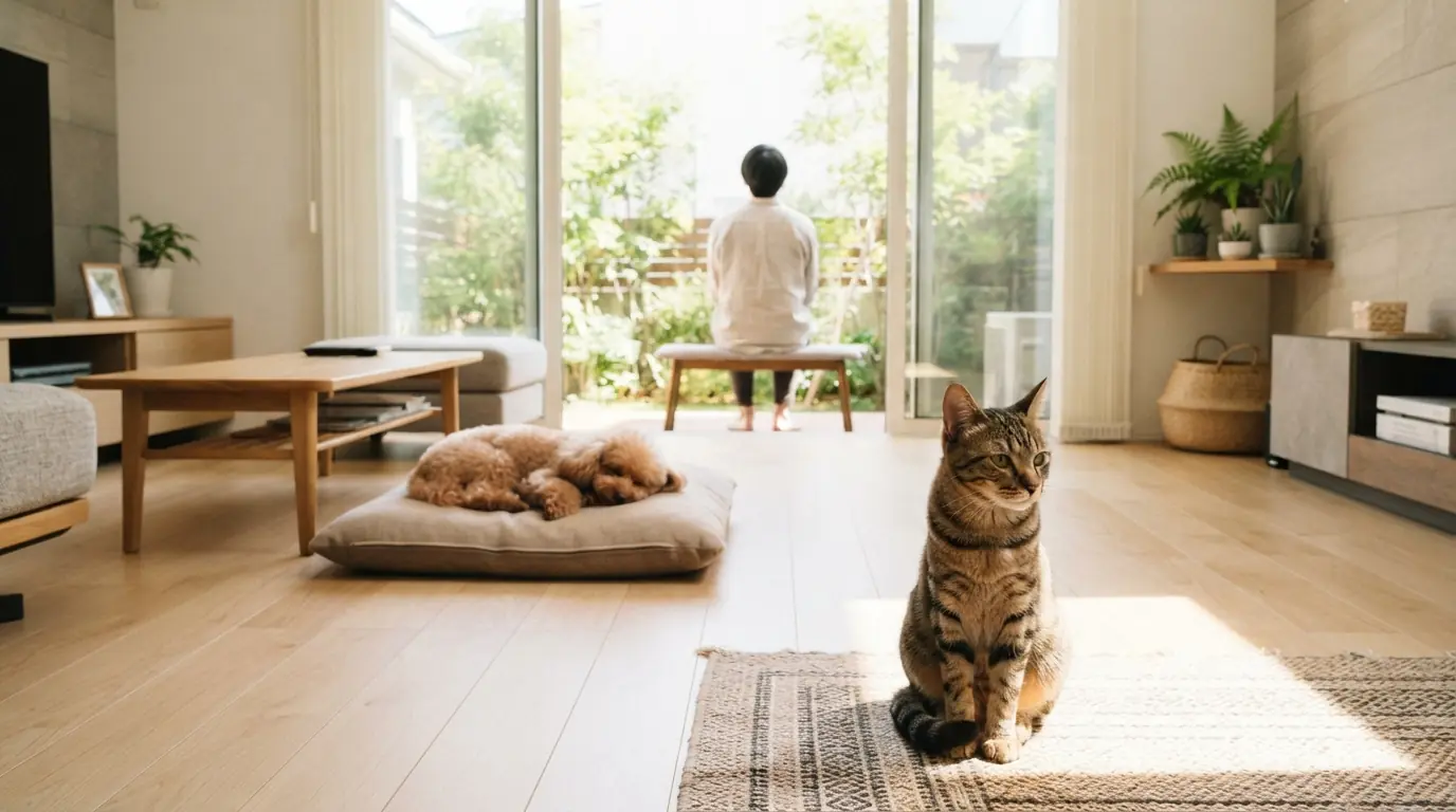 明るいリビングの日なたに若い猫が座り、奥ではおだやかな家庭犬がラグに寝そべっている。
