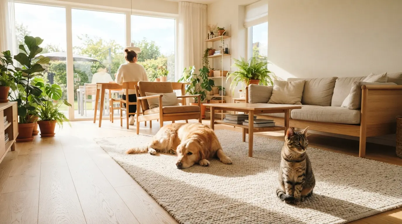 A young cat sitting in the sunlit foreground of a bright living room; a relaxed family dog lies further back on a rug.