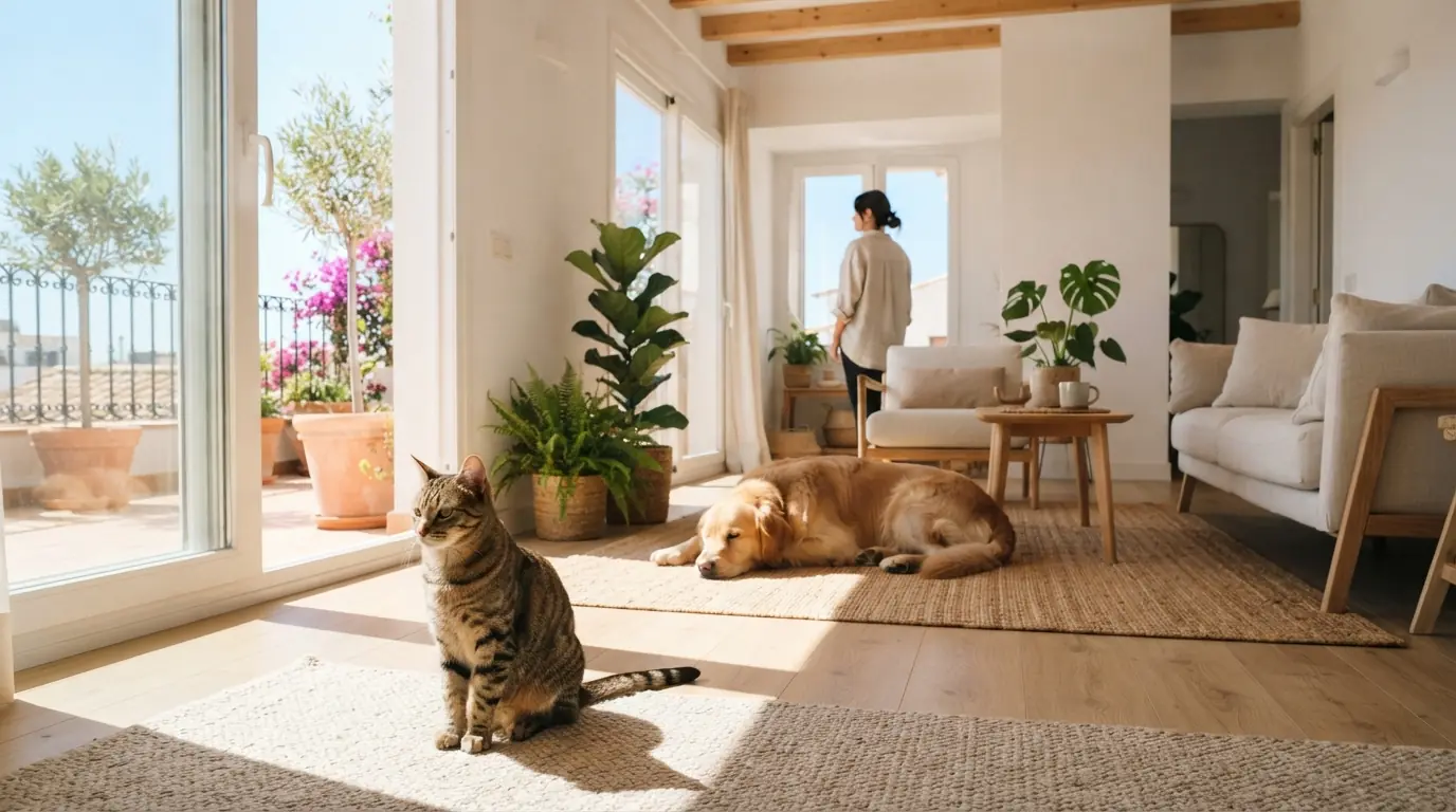 Un gatto giovane seduto in primo piano assolato di un soggiorno luminoso; pi&ugrave; in fondo un cane di famiglia rilassato &egrave; sdraiato su un tappeto.
