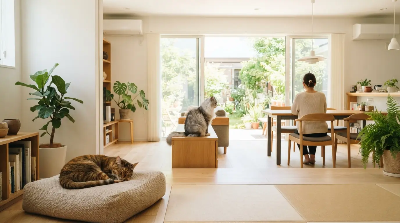明るいモダンな部屋に二匹の猫。一匹はカメラの近くに、もう一匹は奥の日なたにいる。