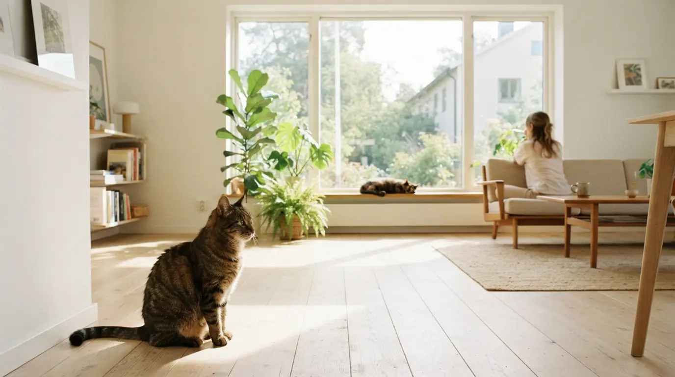 Two cats in a bright modern apartment: one close to the camera, the second resting further back in the sun.