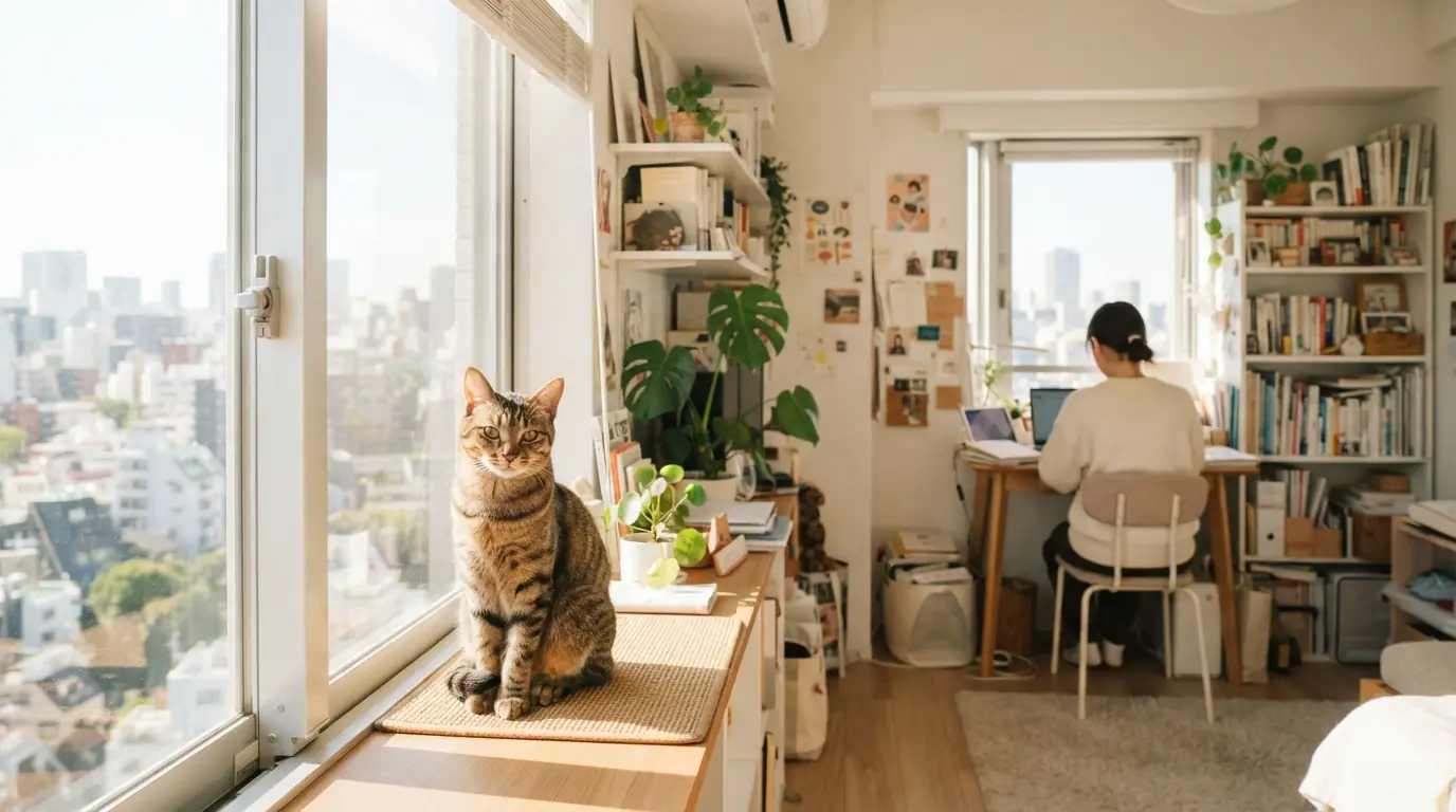 明るく家具の少ない部屋の手前に若い猫。奥に背を向けて座る人がいる。