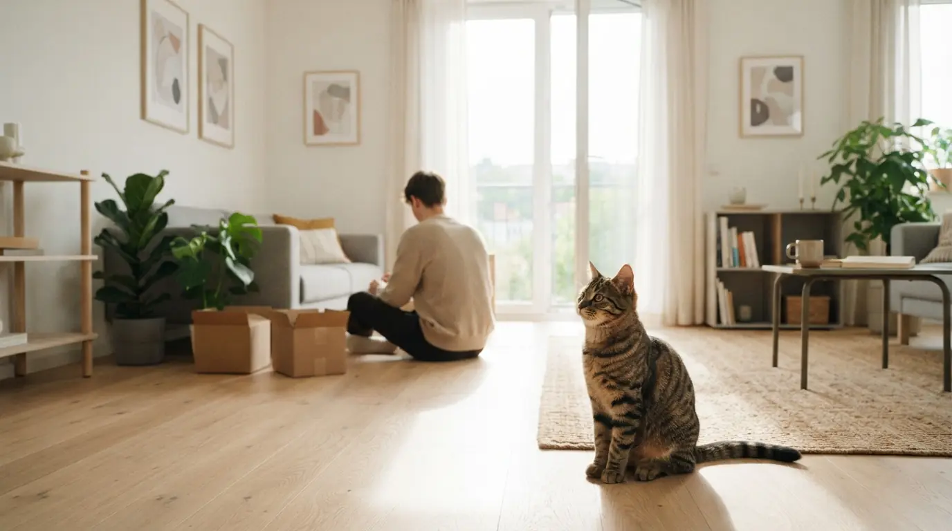 A young cat in the foreground of a bright, sparsely furnished apartment; a person sits farther back, turned away.