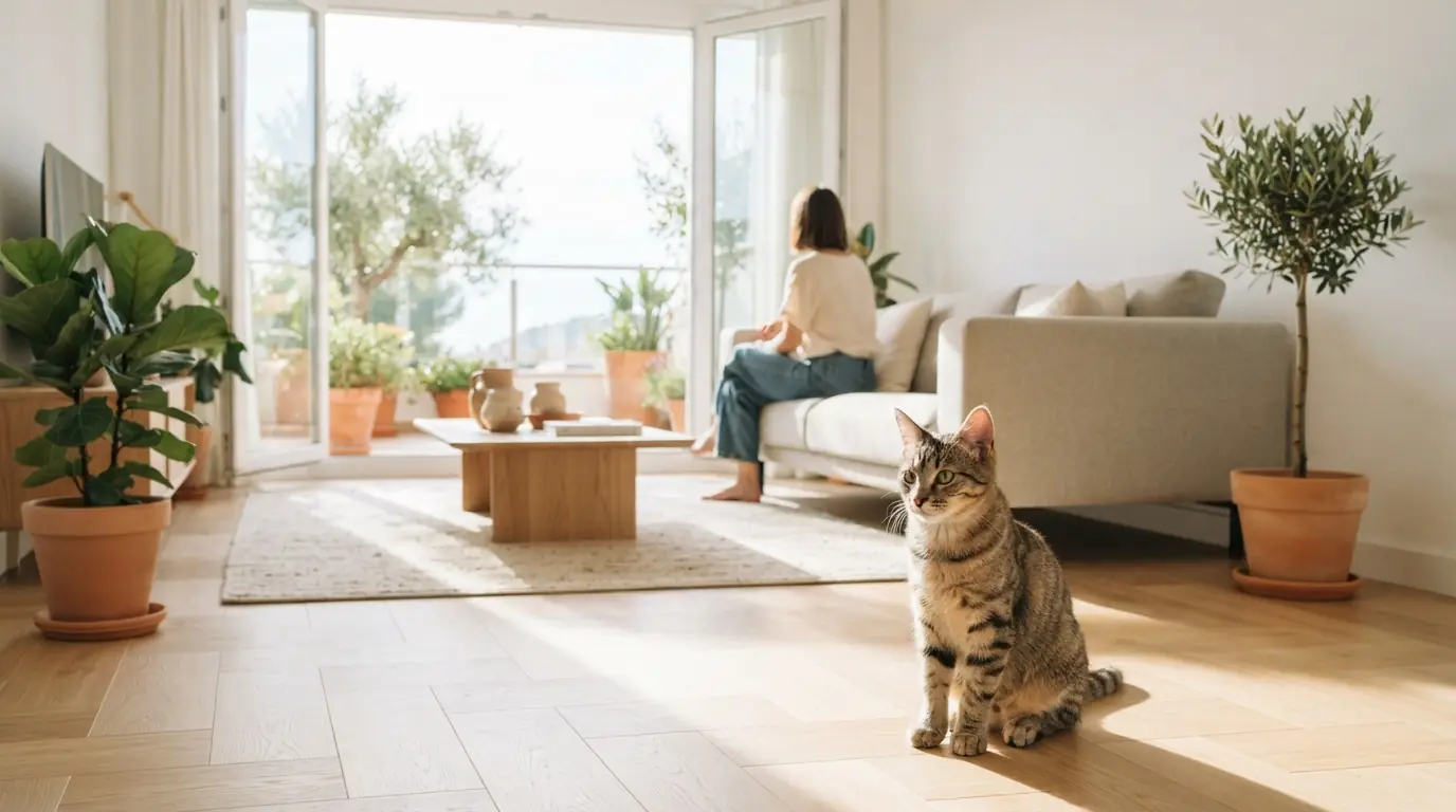 Un gatto giovane in primo piano in un appartamento luminoso e poco arredato; sullo sfondo una persona seduta di spalle.