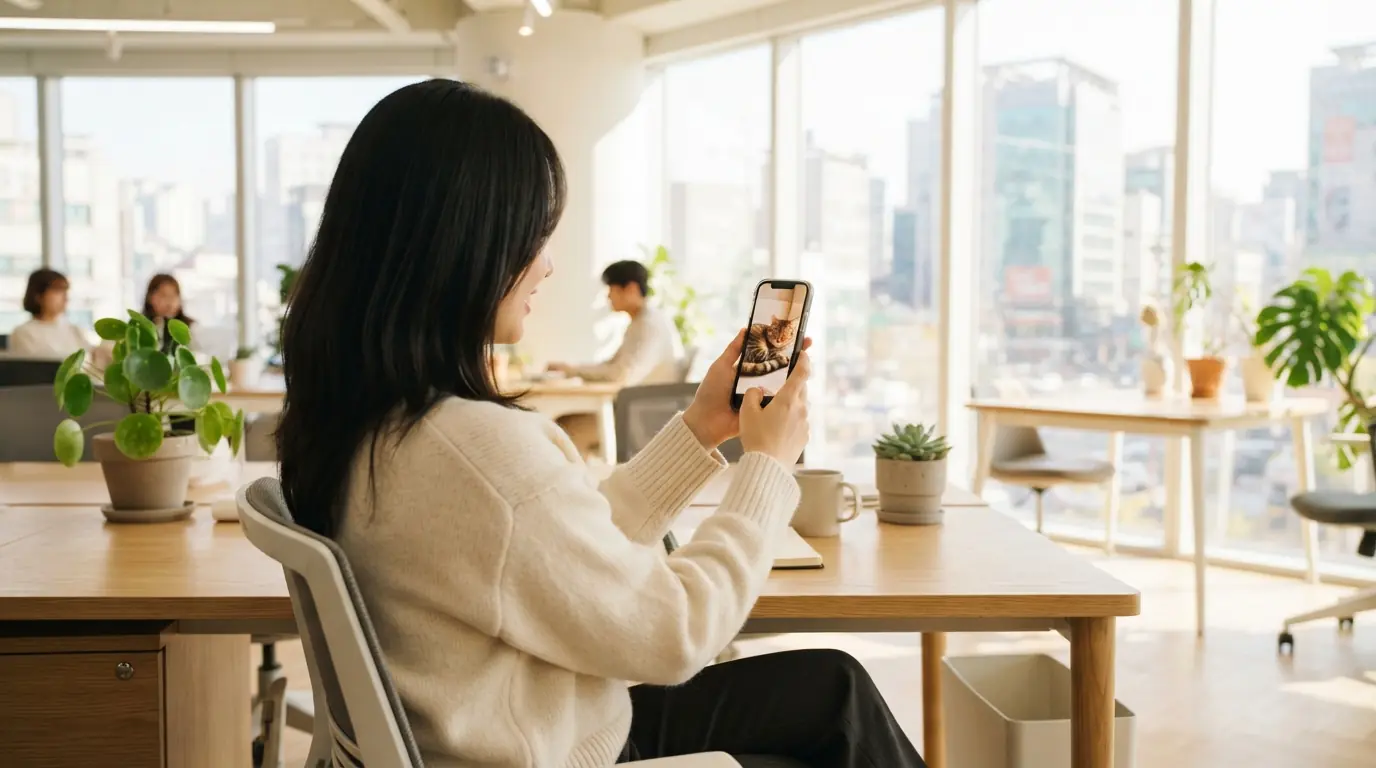 日の差すバルコニーで、猫が映ったスマートフォンを手にしている人。