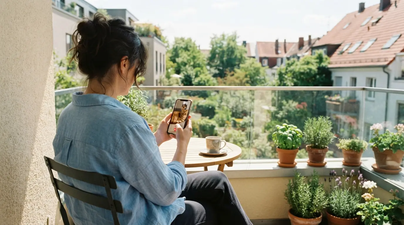 A person on a sunny balcony holding a phone that shows a live view of a contented cat.