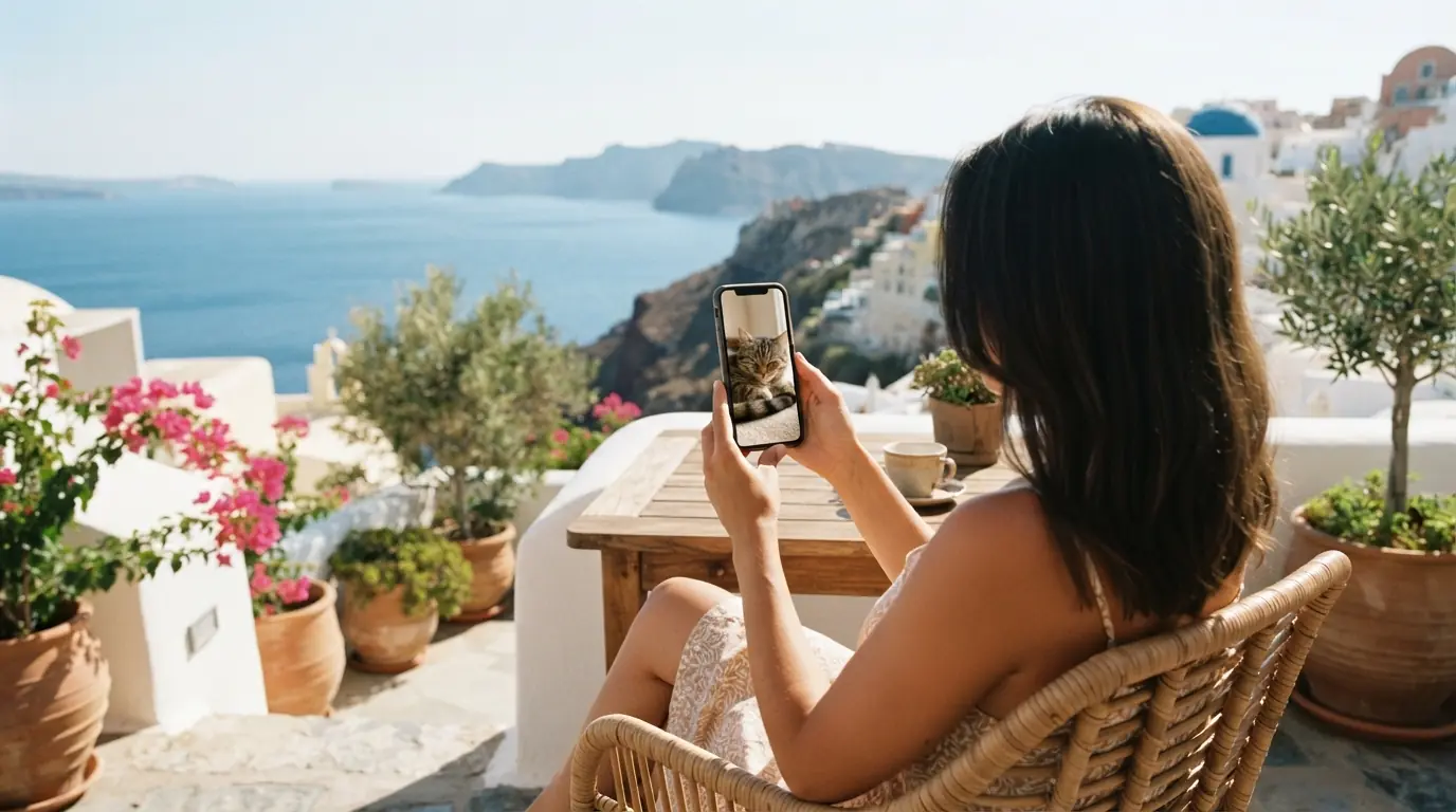 Una persona su un balcone assolato tiene un telefono che mostra un gatto tranquillo.