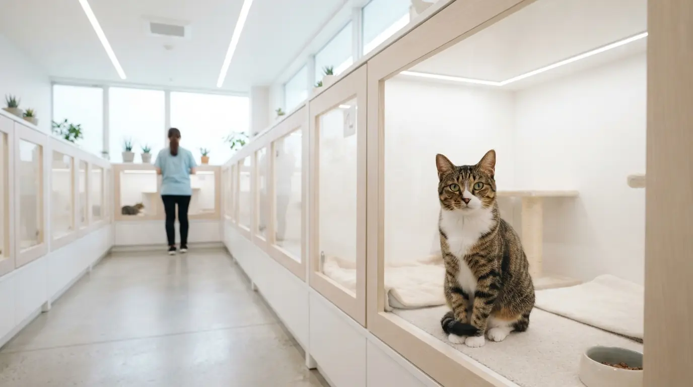明るい保護施設の猫舎。手前に猫がいて、奥の通路でスタッフが作業している。