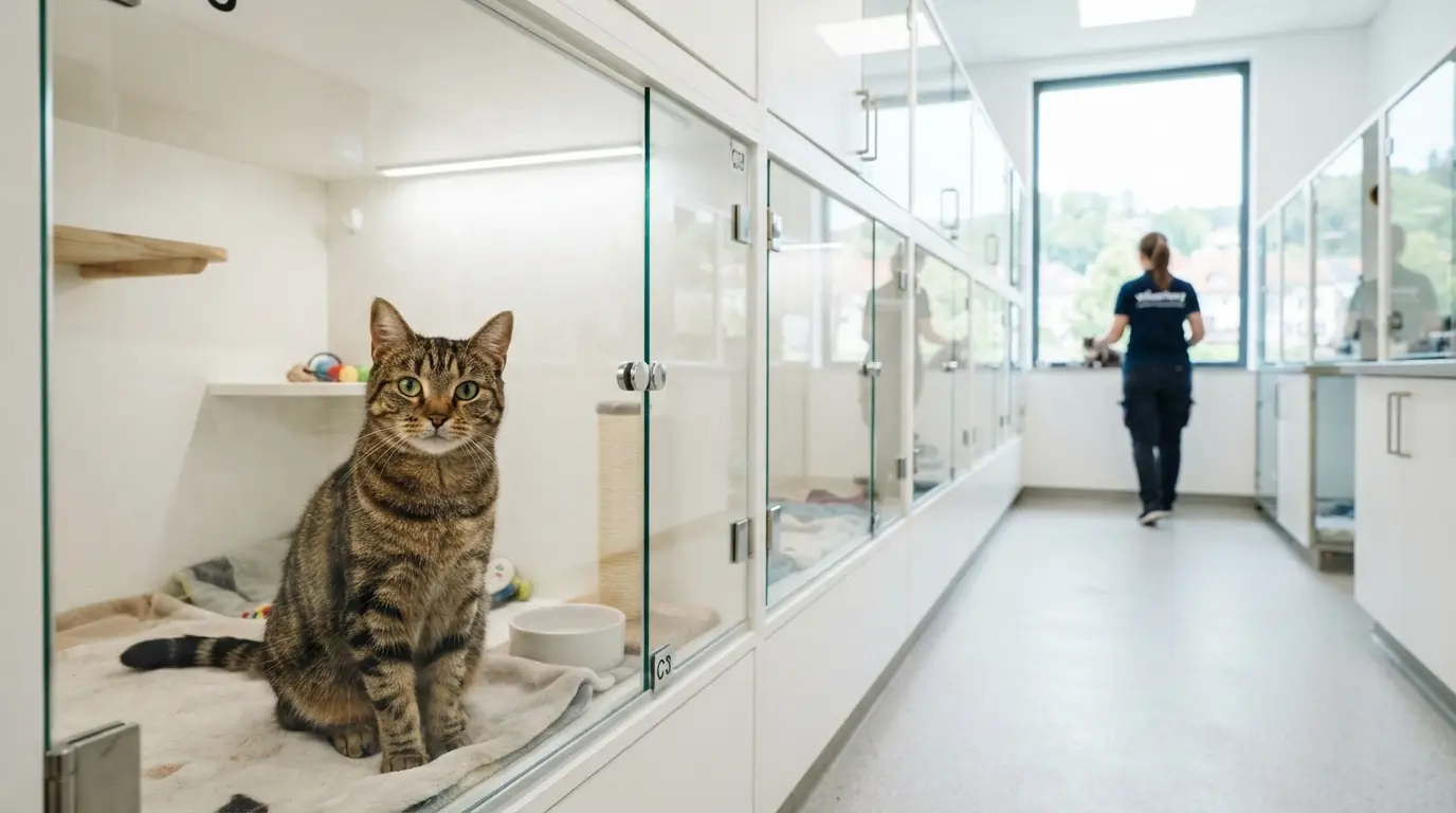 A cat in the foreground of a bright shelter cat room; a volunteer works in the aisle behind.