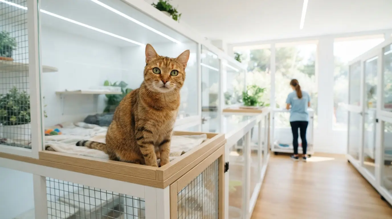 Un gatto in primo piano in un gattile luminoso; nel corridoio dietro lavora una persona volontaria.