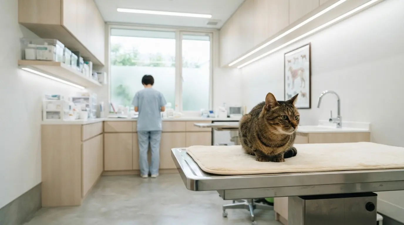 明るくモダンな動物病院の診察室。診察台の上に猫が座り、奥で人が作業している。