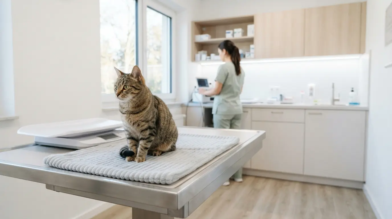 A cat sitting on an examination table in a bright modern veterinary consulting room; a member of staff works in the background.