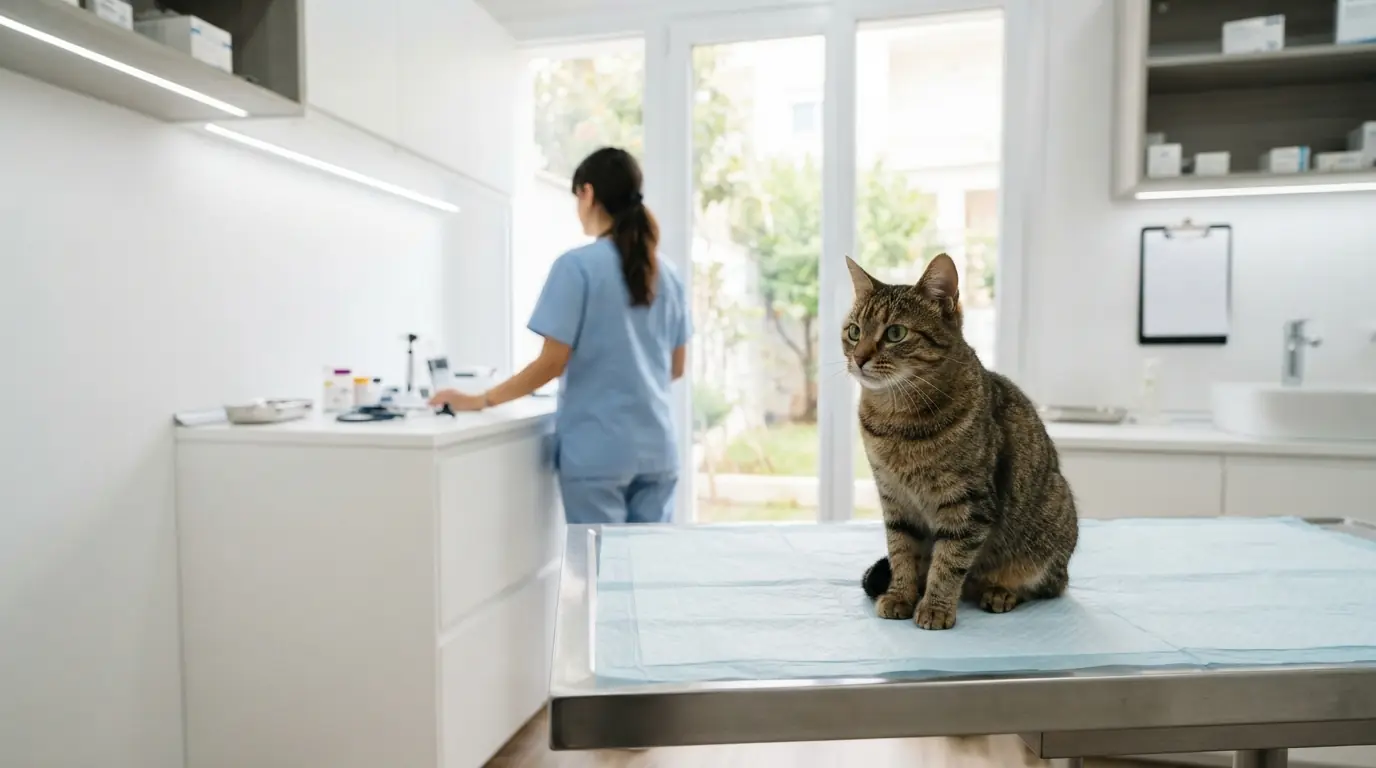 Un gatto seduto su un tavolo da visita in un ambulatorio veterinario luminoso e moderno; sullo sfondo lavora una persona.