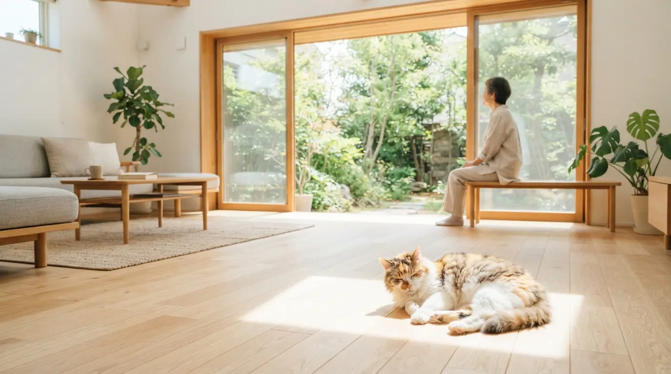 明るいモダンなリビングの陽だまりで年老いた猫が眠り、奥では年配の人が椅子で本を読んでいる。