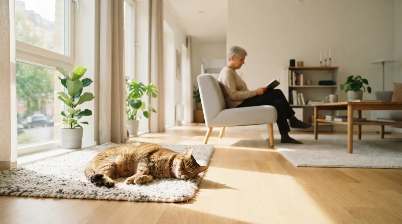 An older cat asleep in a patch of sunlight in a bright modern living room; an older person reads in an armchair further back.