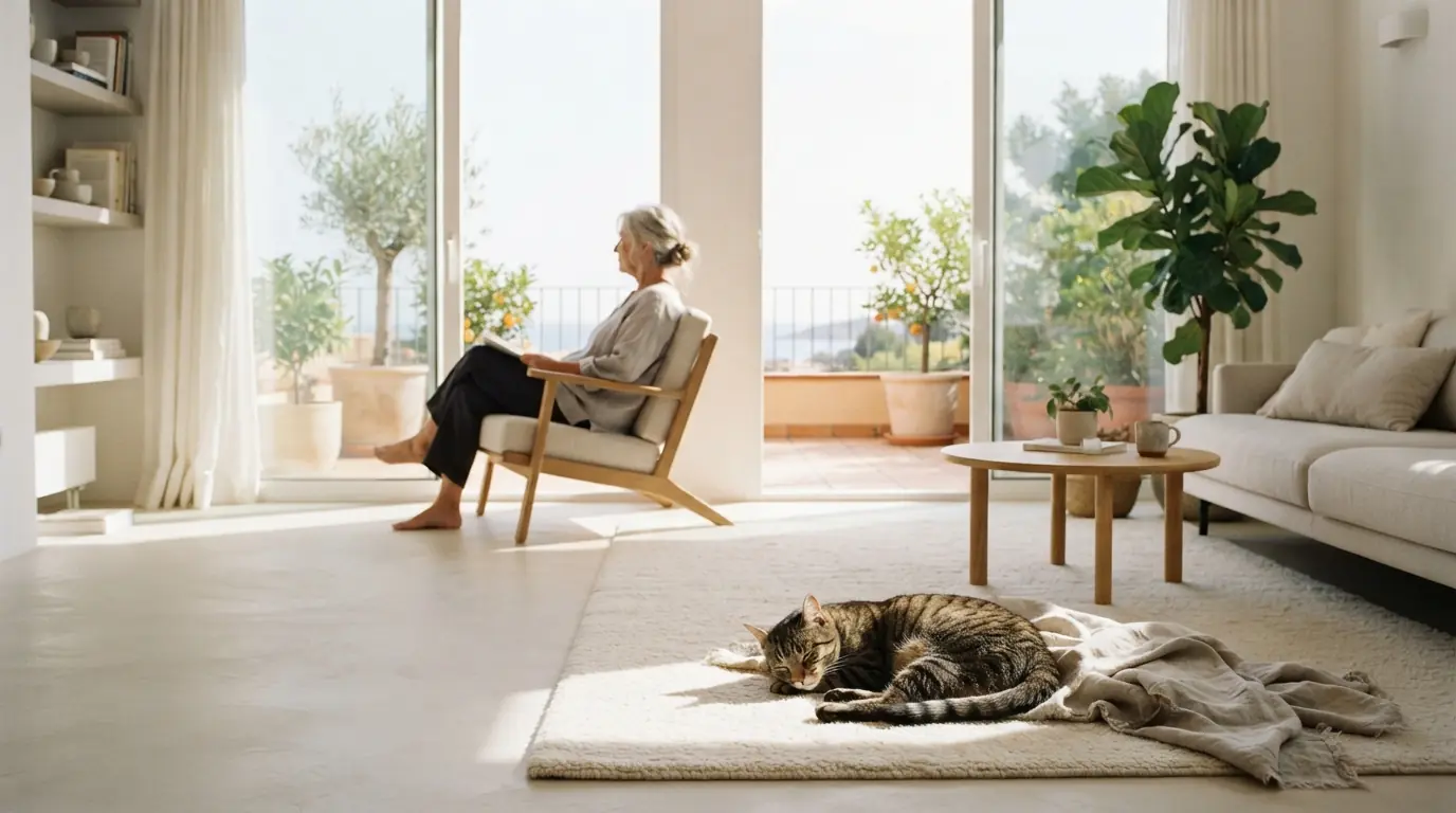 Un gatto anziano dorme al sole in un soggiorno luminoso e moderno; sullo sfondo una persona anziana legge in poltrona.